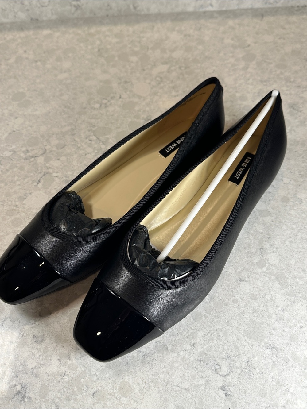 Nine West Black Leather Square-Toe Cap Ballet Flats